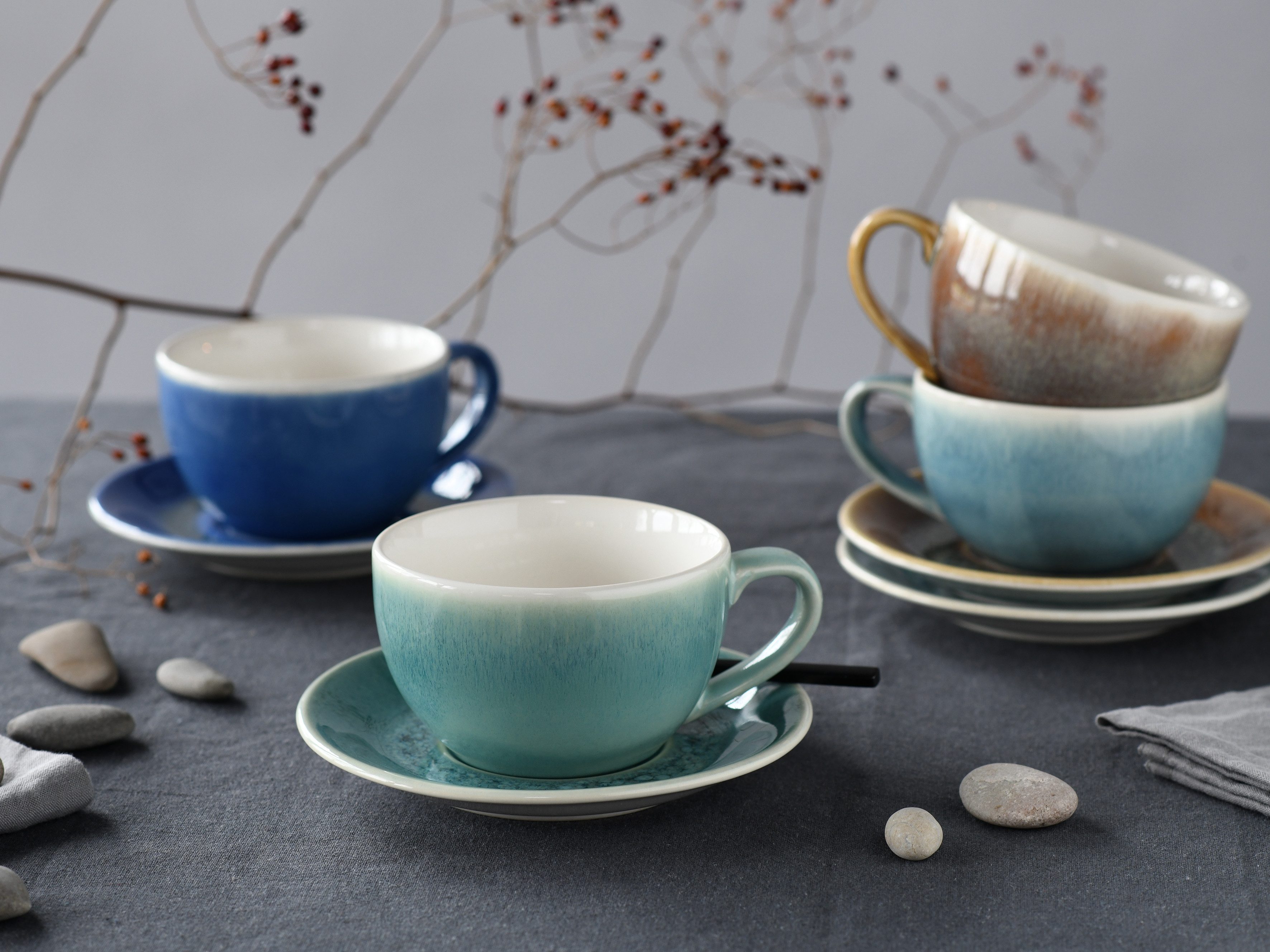 CreaTable Cappuccinotasse Caldera Mix, Cappuccino-Set, 8-tlg., 8-tlg., Steinzeug, Reaktivglasur