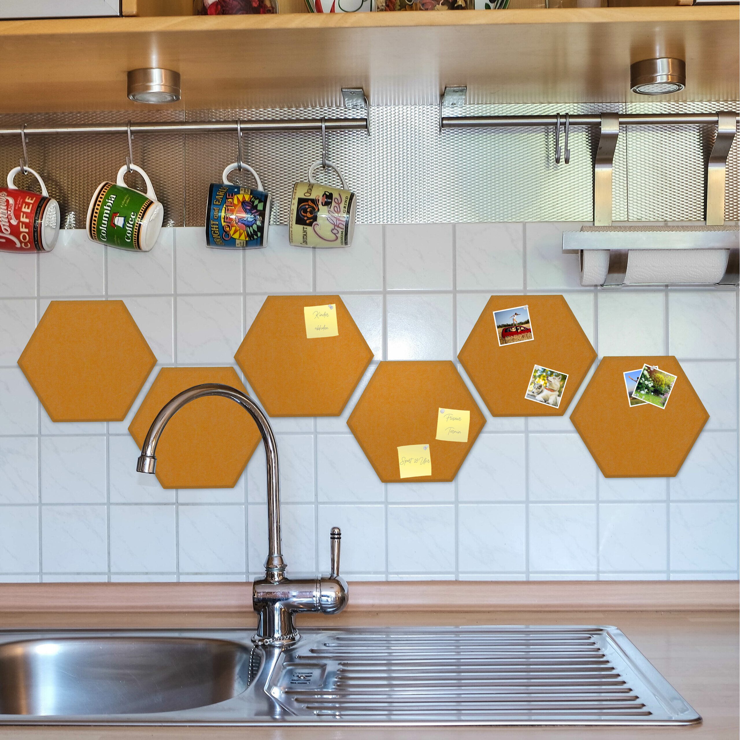 relaxdays Pinnwand Gelbe Filzpinnwand Sechsecke 6er Set