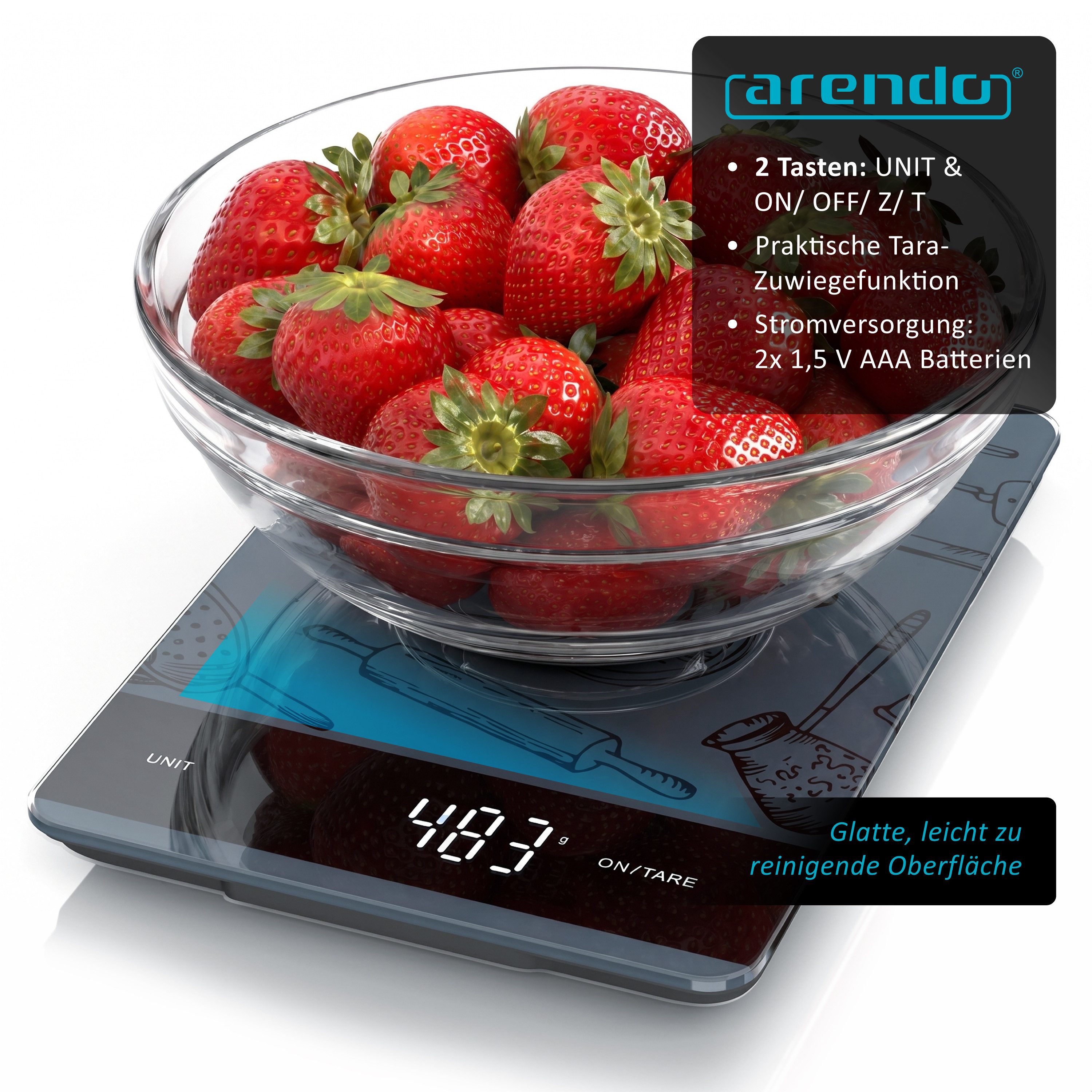 Arendo Küchenwaage digital mit Hochglanz Glasoberfläche, Lebensmittelwaage, 20 x 13,5cm, (1-tlg), 1 g Genauigkeit, Tara-Funktion, LCD-Display, 5 kg Tragkraft – Bild 4 von 5