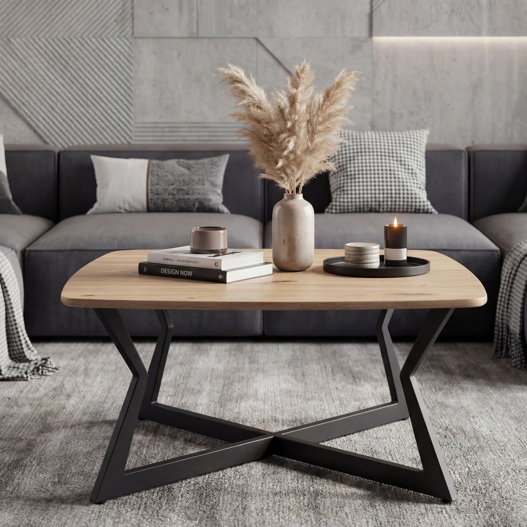 FINEBUY Couchtisch FB116724 Sofatisch 75cm MDF Loungetisch Beistelltisch Quadratisch (Moderner Wohnzimmertisch mit schwarzem Gestell), Warme Holzoptik kombiniert mit kühlem Metall