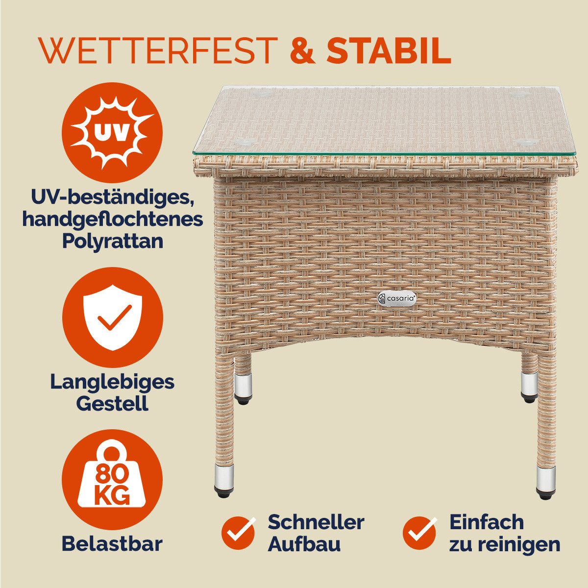 Casaria Beistelltisch (1-St), Polyrattan 50x50x45cm Höhenverstellbar 5mm Glasplatte Wetterfest
