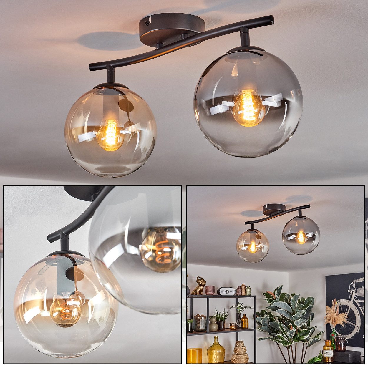 hofstein Deckenleuchte Deckenlampe aus Metall/Glas, Schwarz/Rauchfarben/Kla günstig online kaufen