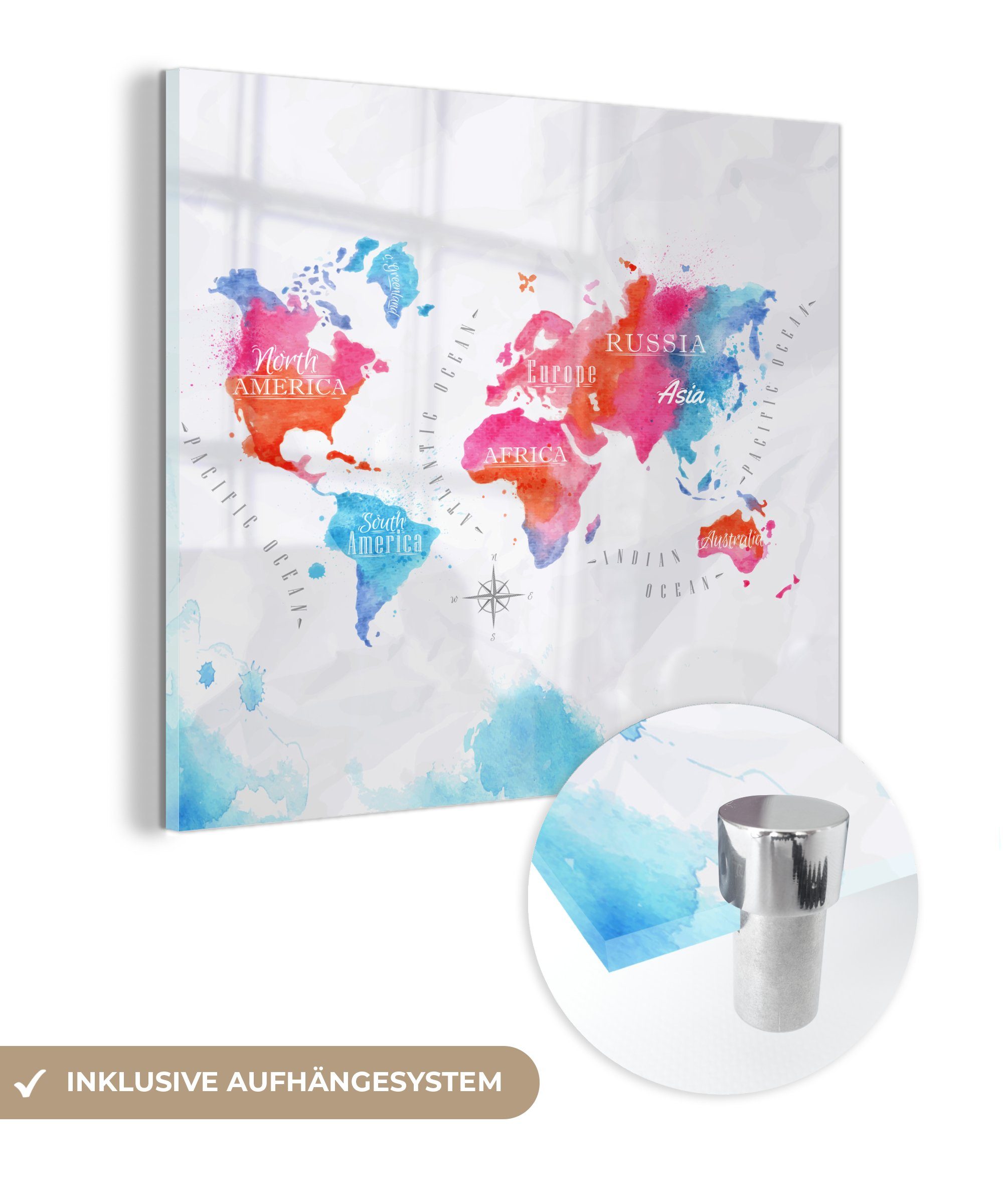 MuchoWow Acrylglasbild Weltkarte - Farben - Aquarellfarben, (1 St), Glasbilder - Bilder auf Glas Wandbild - Foto auf Glas - Wanddekoration