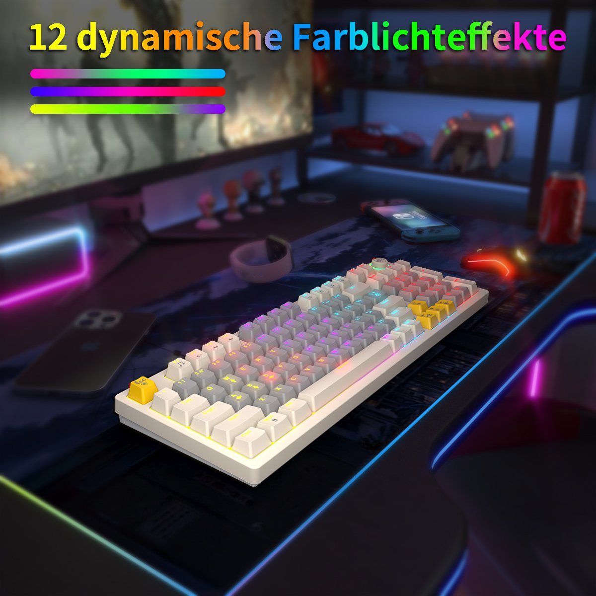 RGB-Gaming-Tastatur und Tastatur (Zweifarbige Doppel- BUMHUM mechanische deutsche Nicht Dreifarbige mit Weiß Kabe) Echte Gaming-Tastatur Tastatur,RGB-Beleuchtung