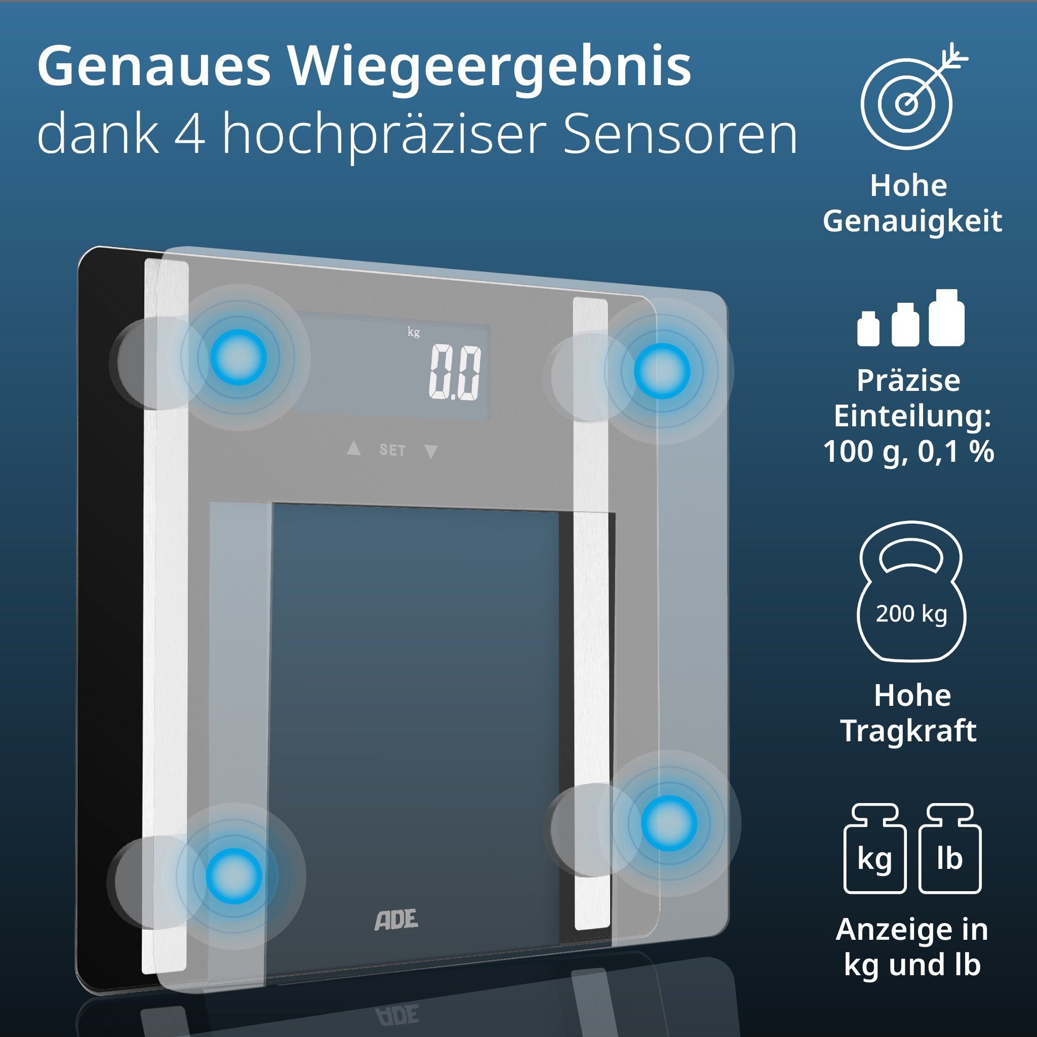ADE Körper-Analyse-Waage Digitale Körperfettwaage "Ines" bis 200 kg, präzise Körperwaage, Testsieger Stiftung Warentest Ausgabe 10/2024