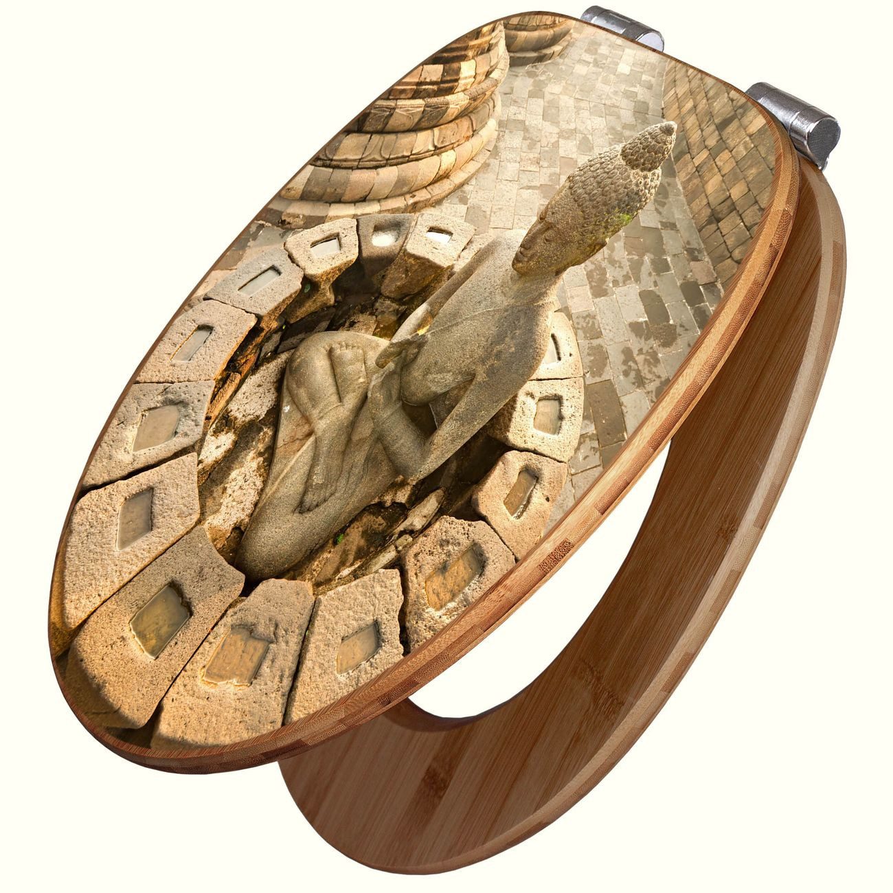 banjado WC-Sitz aus Bambus mit Absenkautomatik Motiv Sitzender Buddha (umweltfreundliches Material, integrierte Absenkautomatik), 45,8 x 37,5 x 5 cm