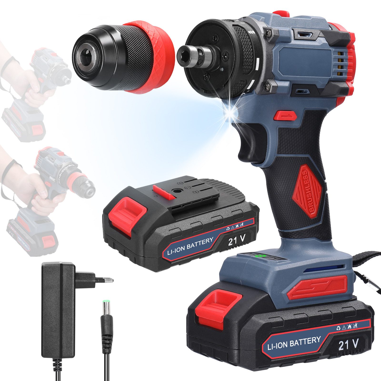 GARRYFIZH Akku-Bohrhammer Akku-Schlagbohrschrauber,Akku Bohrmaschine 2-in-1 Akku-Bohrschrauber, 21V V, 2 Batterien, mit LED-Beleuchtung