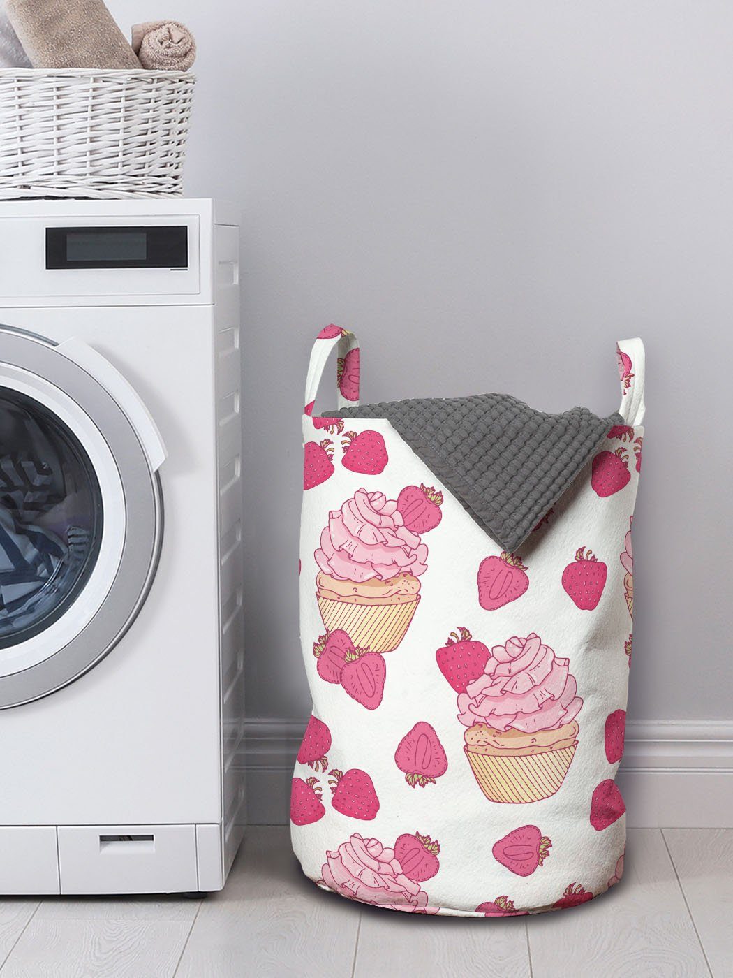 Wäschesäckchen Doodle Wäschekorb Waschsalons, für mit Erdbeere Stil Abakuhaus Kordelzugverschluss Cupcake Griffen