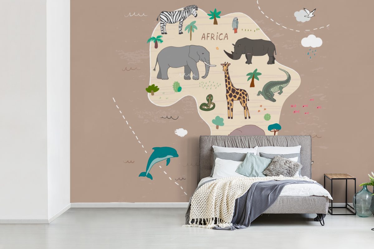 Kinder Jungen Matt, Schlafzimmer, (6 Mädchen, Tapete bedruckt, Vinyl - Weltkarte - - Tiere Wohnzimmer, Fototapete Afrika - für St), Kinderzimmer, MuchoWow Wallpaper -