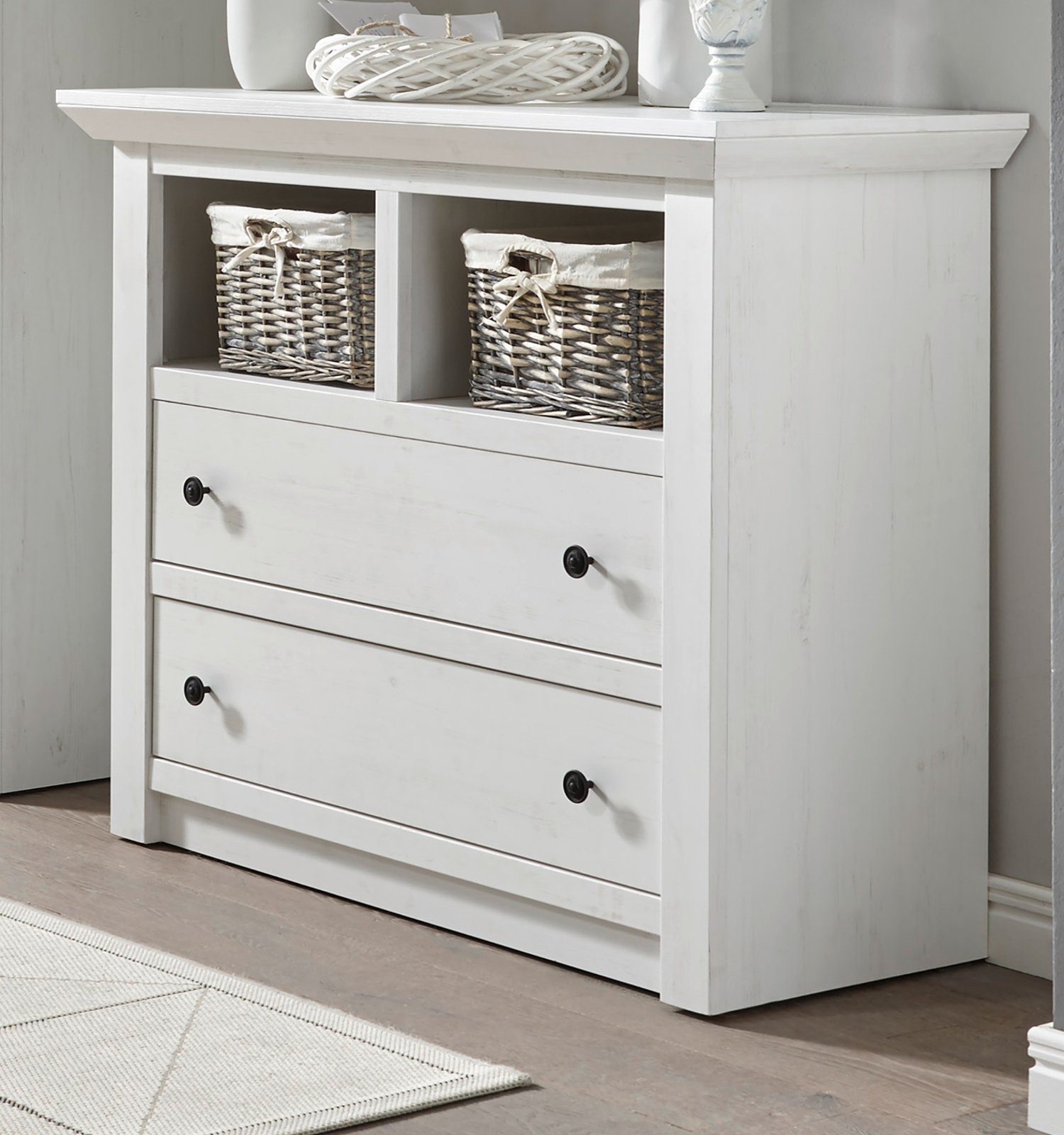 Furn.Design Kommode Hooge (Sideboard in Pinie weiß Landhaus, 105 x 90 cm), mit 2 großen Schubladen