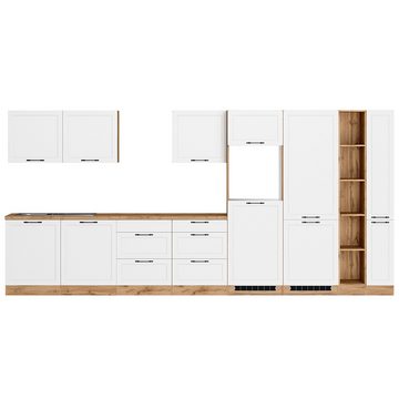 Lomadox Küchenzeile MONTERREY-03, Küchenblock Küchenmöbel, 420cm, weiß mit Eiche