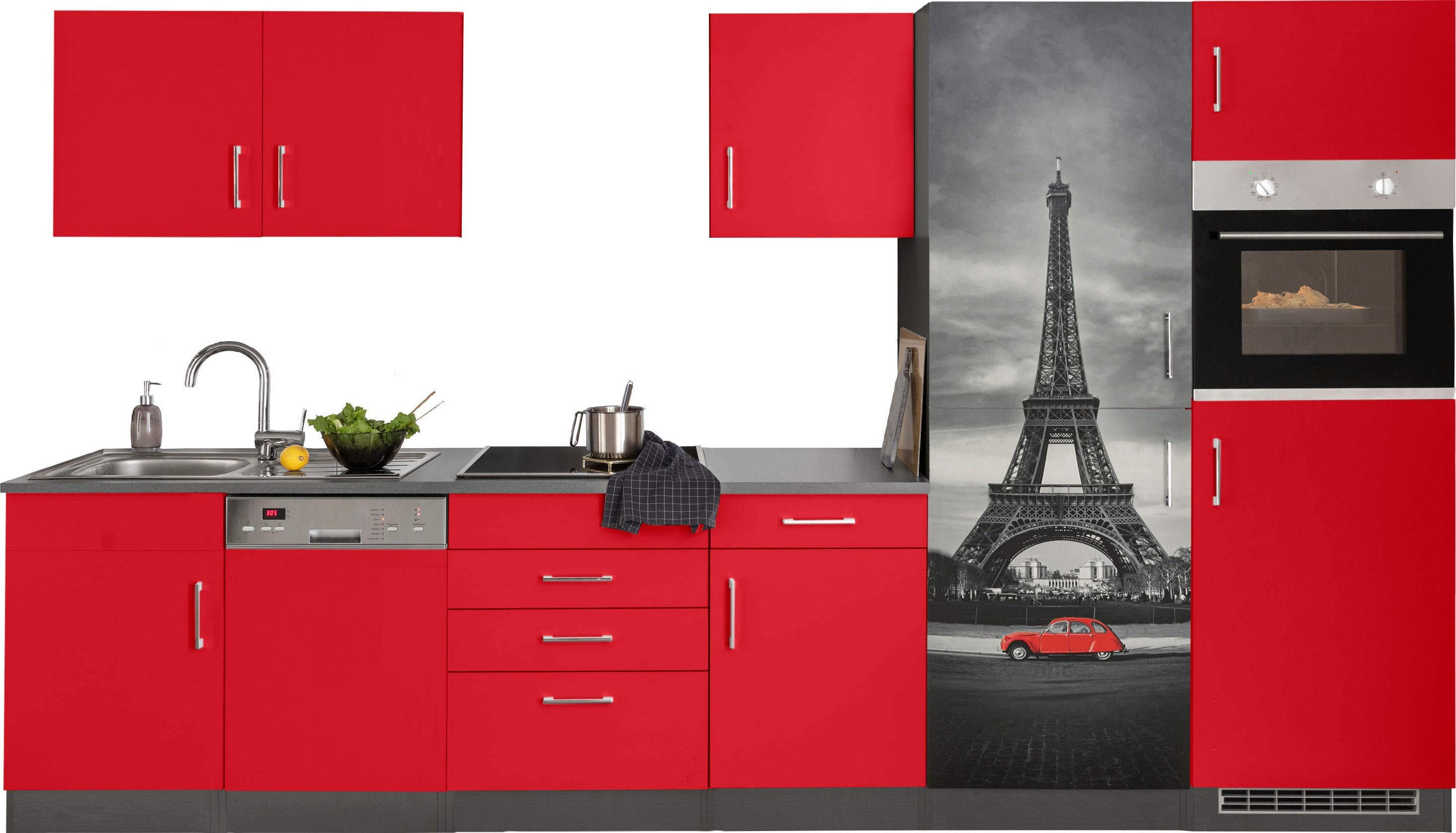 KOCHSTATION Küchenzeile KS-Paris – Küchen mit einzigartigen Fotomotiven auf den Fronten, Breite 340 cm, wahlweise mit E-Geräten und Induktion