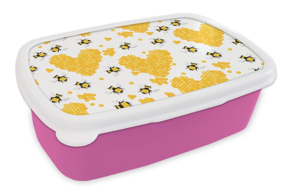 Lunchbox Kinder, Kunststoff, Erwachsene, (2-tlg), Snackbox, für Honig, rosa MuchoWow - Biene Valentinstag Mädchen, - Brotbox Kunststoff Brotdose