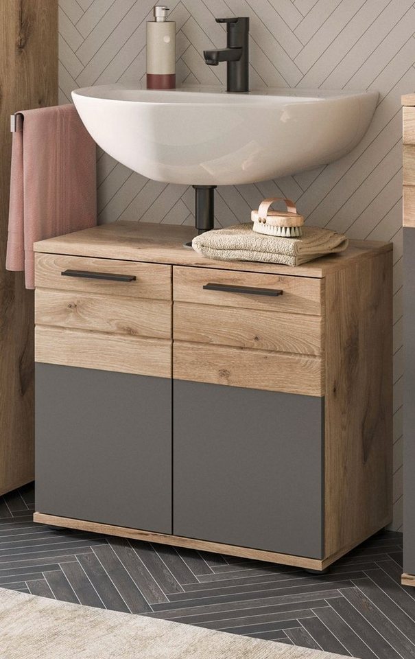 xonox.home Waschbeckenunterschrank Mason (Waschtischunterschrank Eiche und  grau, Breite 60 cm) 2-türig, mit Soft-Close, mit 1 höhenverstellbarem  Einlegeboden