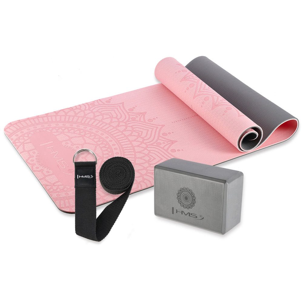 HMS Yogamatte Yogaset Trainingsmatte Yogablock (Spar-Set, 1-St., 182 x 61 x 1 cm 3-teilig), TPE-Matte, EVA-Yogablock, Gurt, rutschfest