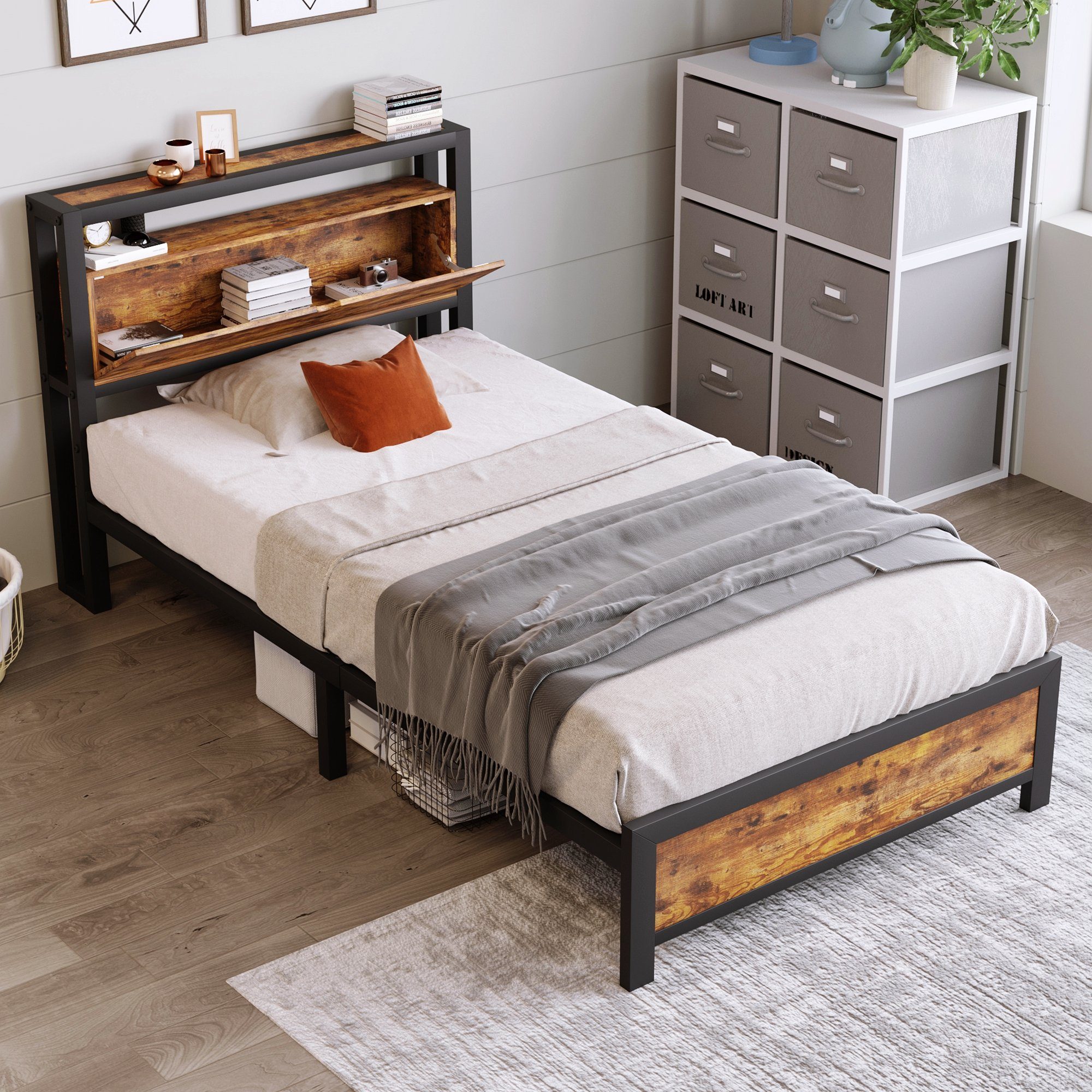 ᐅ Celya Einzelbett Metallbett Jugendbetten 90 x 200 cm mit StauraumKopfteil,Metall, Kinderbett