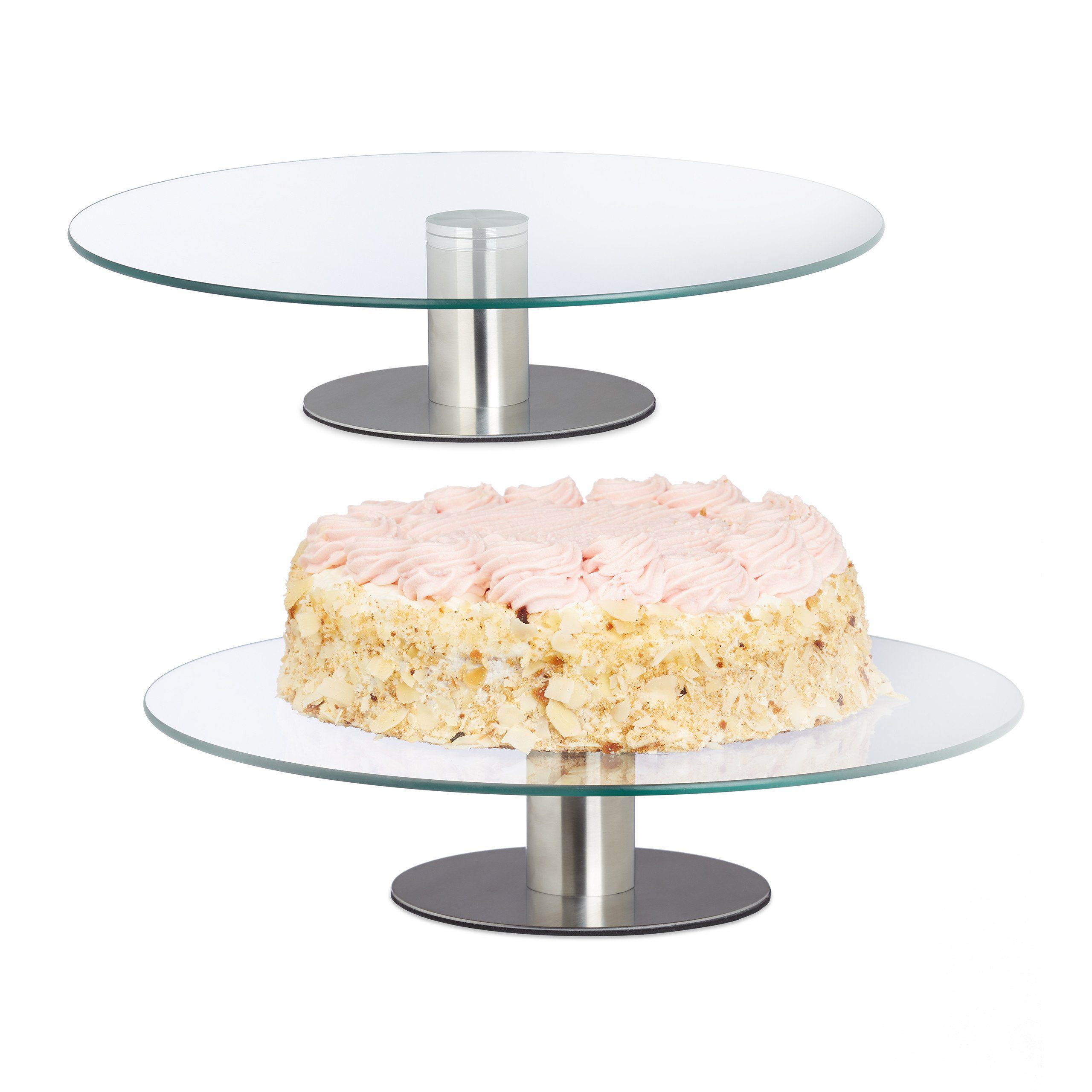 relaxdays Tortenplatte 2 x Tortenplatte drehbar mit Standfuß, Glas | Tortenplatten