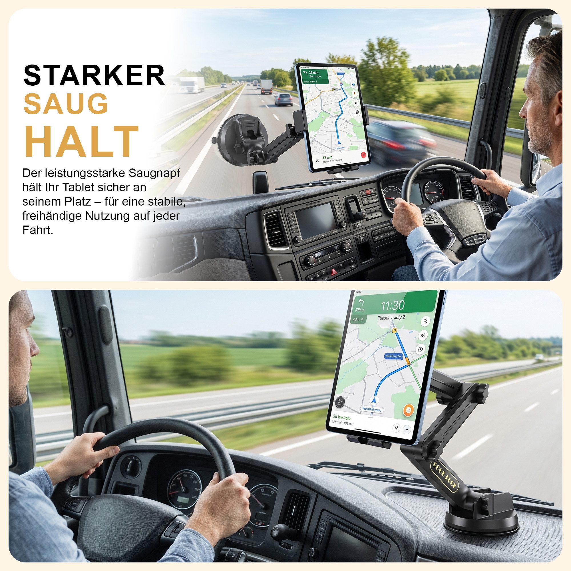 S&T Design Tablet-Halterung Tablet Handy Halterung Wohnmobil 360° KFZ Auto Armaturenbrett Scheibe, (bis 13 Zoll, Langer Arm & Hitzebeständig, Tablet & iPad Halterung, KFZ, LKW, Wohnmobil, Traktor & Baustellenfahrzeuge für Handy & Tablets)