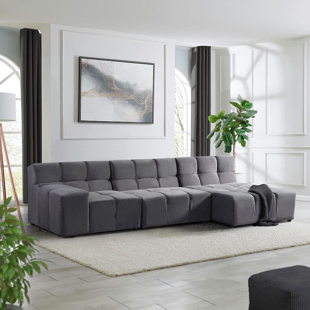 HOME DELUXE Sofa ORLENA - 306 x 75 x 148 cm, Rechts Anthrazit, Ecksofa, Samtstoff, Samtsofa, Modulsofa