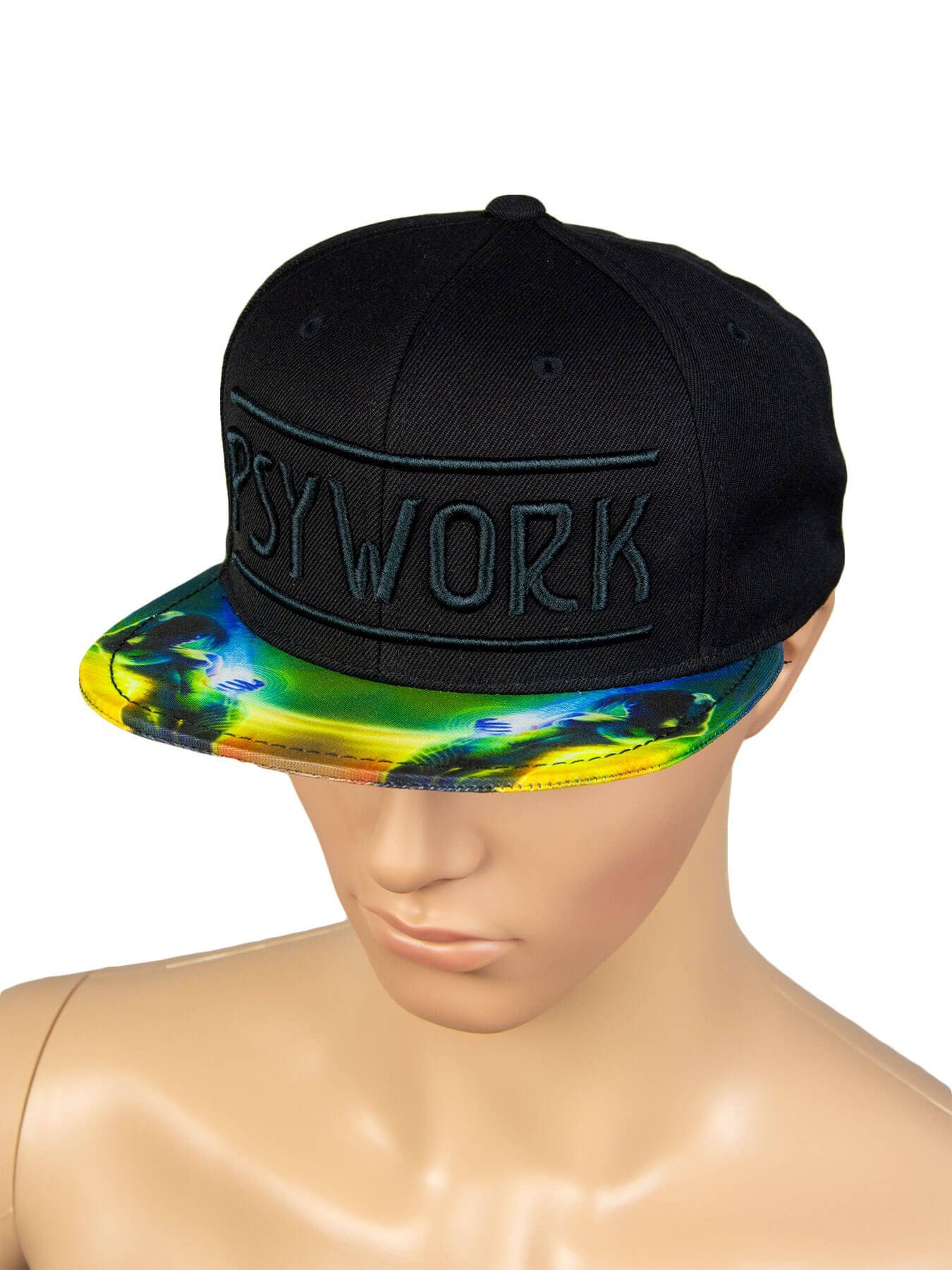 PSYWORK Schwarzlicht "Prismatic", Schwarz Black Cap UV-aktiv, unter leuchtet Neon Schwarzlicht Cap Snapback