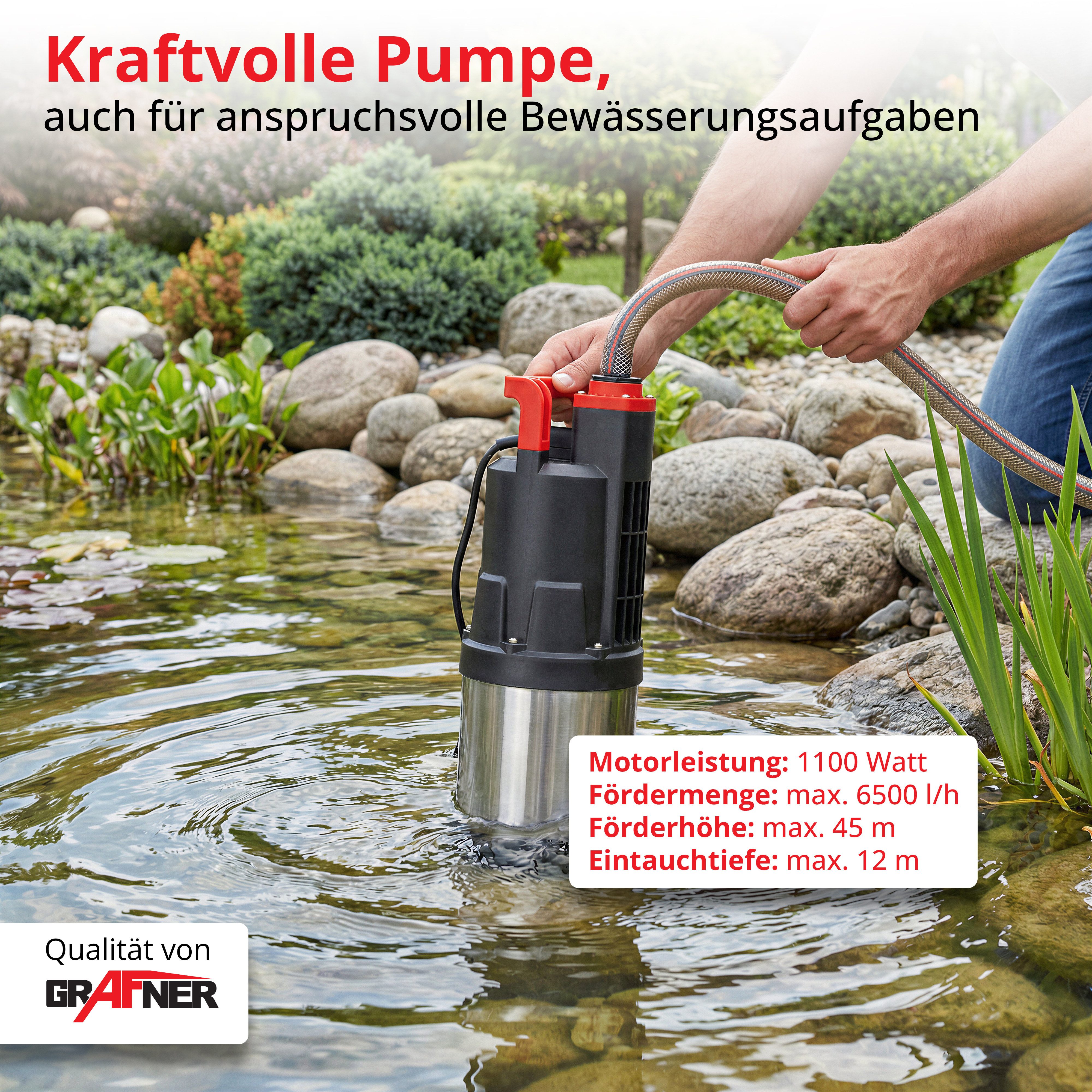 Grafner Tauchpumpe Drucktauchpumpe 1100Watt 6500L/h Schmutzwasserpumpe, entnehmbarer Filterfuß, bis zu 6500 l/h Fördermenge