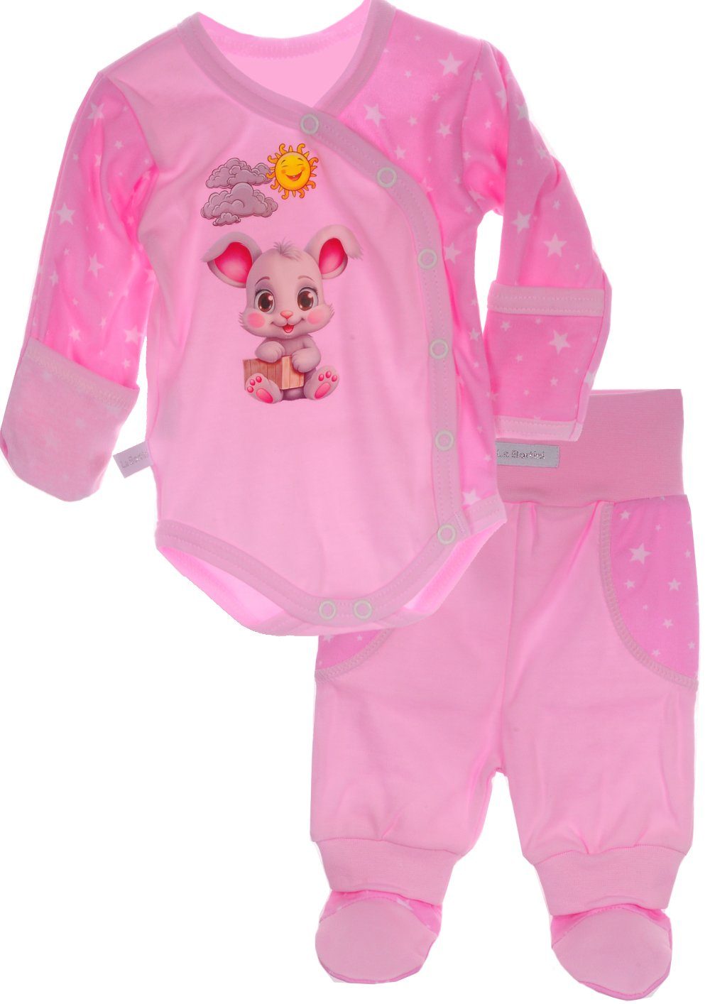 La Bortini Wickelbody Langarmbody Hose Baby Anzug 2tlg Set Body in Rosa mit Hasen aus reiner Baumwolle, 44 50 56 62 68 74 80 86 mit Sternen