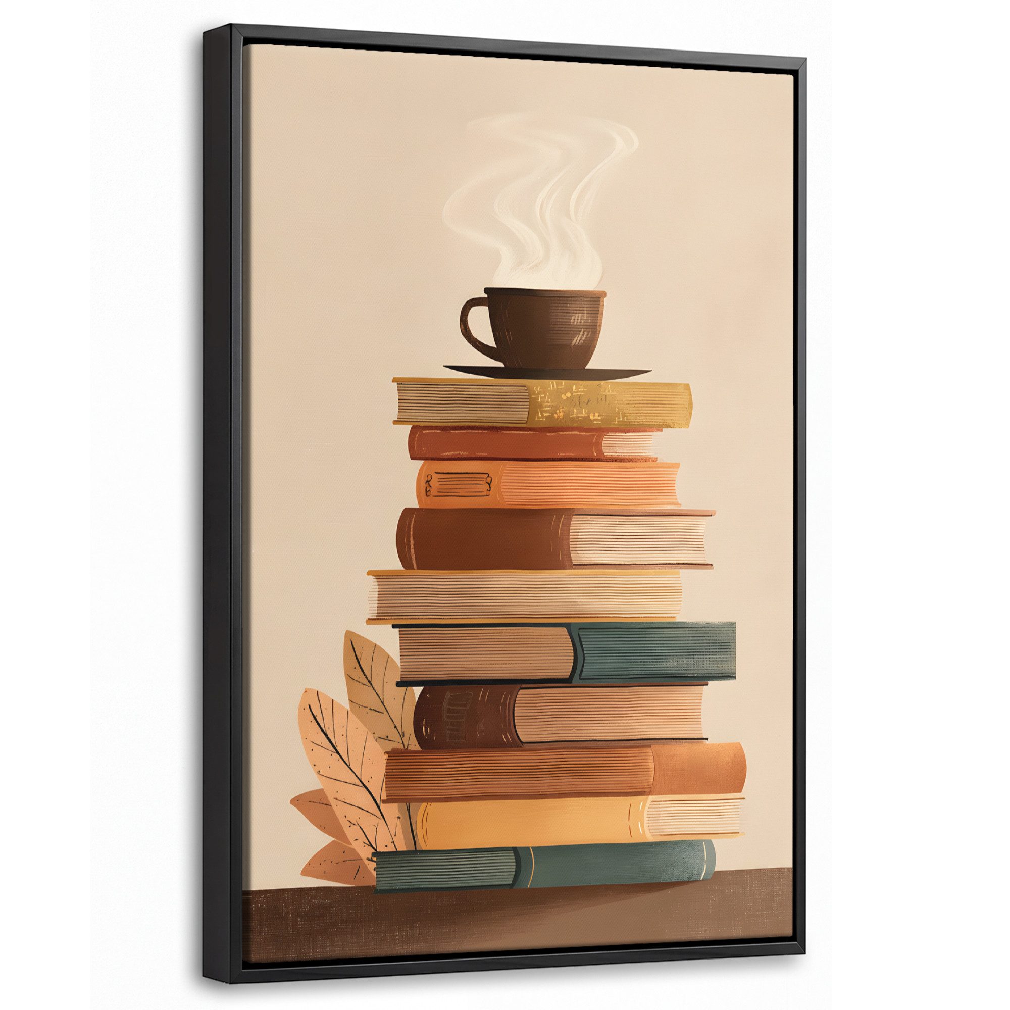 OneMillionCanvasses® Leinwandbild mit Rahmen - Bücher - Turm - Kaffee - Beige, Fotodruck (1 St), Deko für Wohnzimmer Schlafzimmer Küche 20x30cm