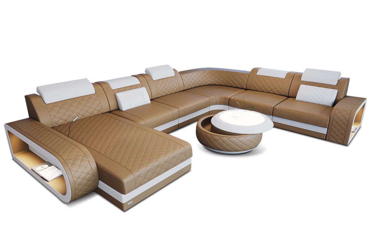Sofa Dreams Wohnlandschaft Ledersofa Berlin XXL U Form Mini Designersofa, 6-Sitzer, Ottomane, freie Farbwahl, LED, USB