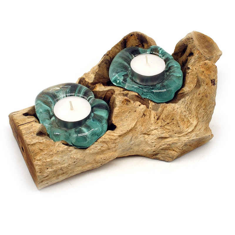 Gedeko Teelichthalter Wurzelholz mit Glas, aus Holz für zwei Teelichter