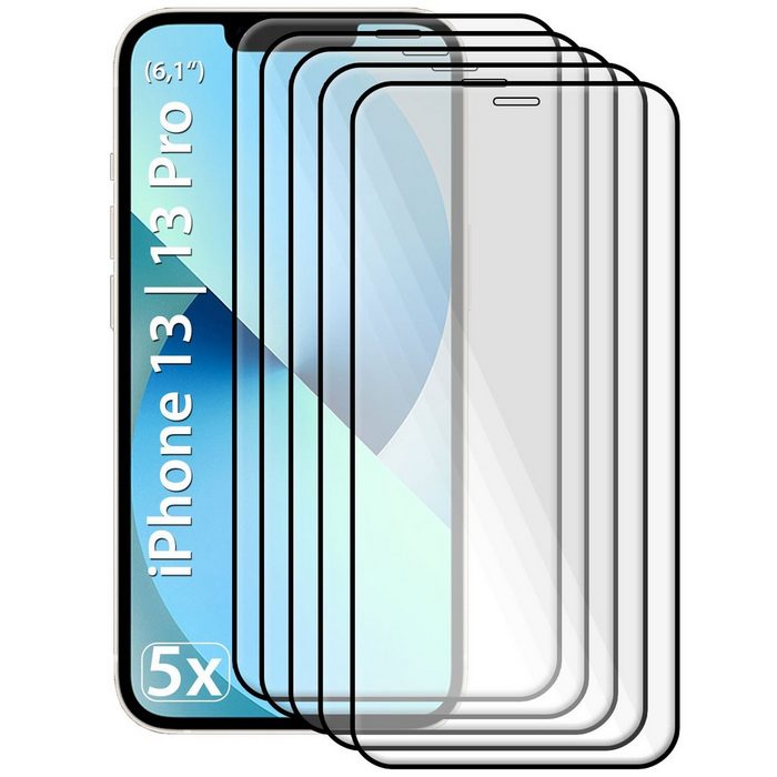 Dooloo Schutzfolie 5x Fullcover 9D iPhone 13 13 Pro Panzerglas (Spar-Set 5-St) Echt Glas Schutzfolie Panzerfolie Schutzglas Panzerglas Folie