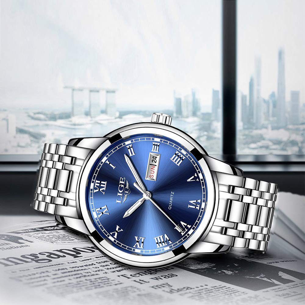 Blau Mode Uhr Uhren Business Sportuhr Silber, GelldG mit Wasserdicht Uhrenarmband Quarz analog