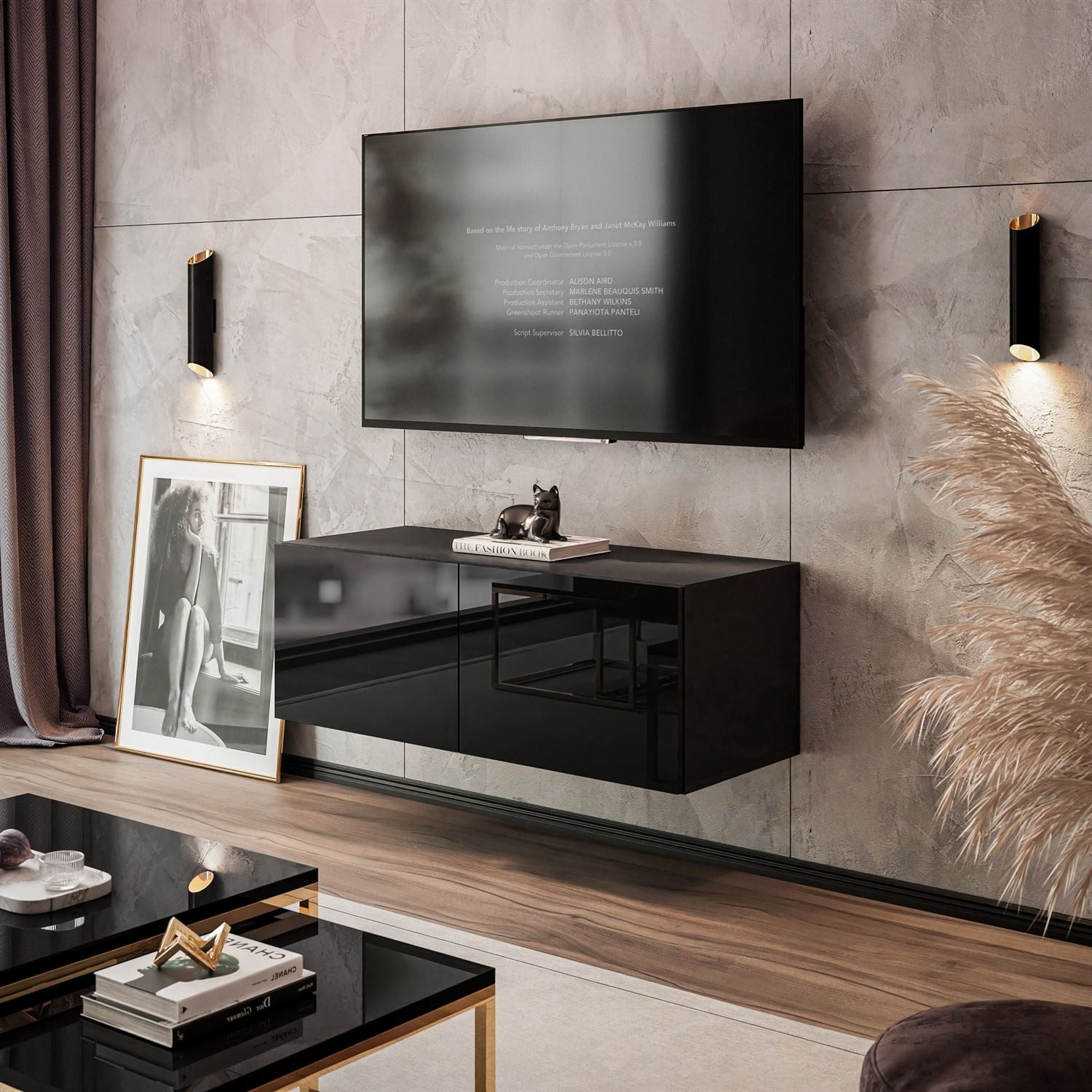 Lookway Lowboard COLGANTE 100 cm TV-Schrank in Schwarz-Hochglanz mit LED Beluchtung