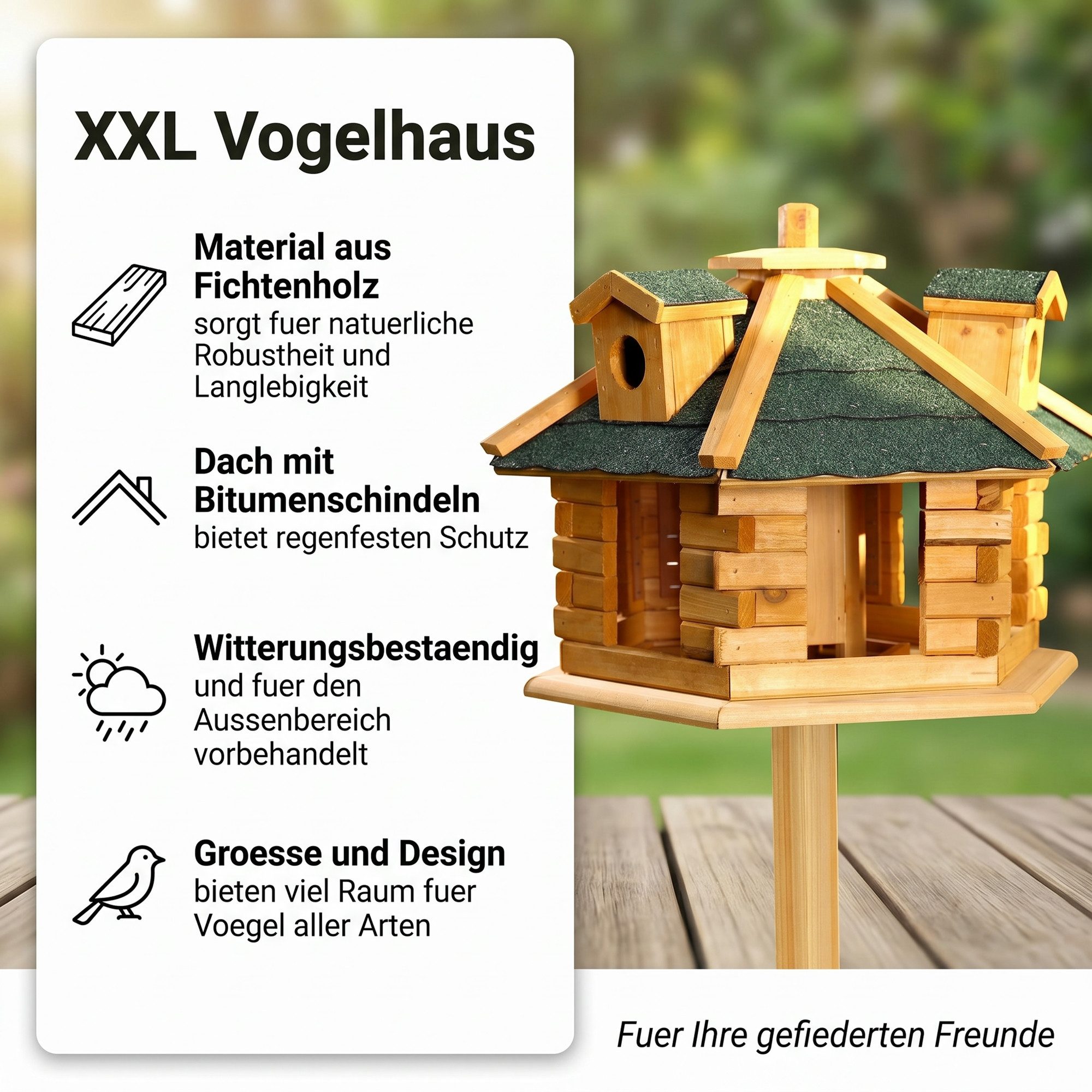 Mucola Vogelhaus Vogelfutterhaus Holz Vogelvilla 48 cm Futtersilo, Mit integriertem Futterspender und großzügigem Futterbereich
