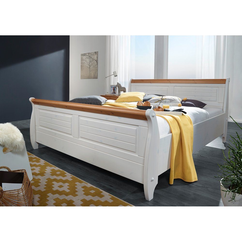 Lomadox Bettgestell SAVONA-69, Kiefer massiv weiß gewachst mit honigfarben, 180x200 cm Liegefläche