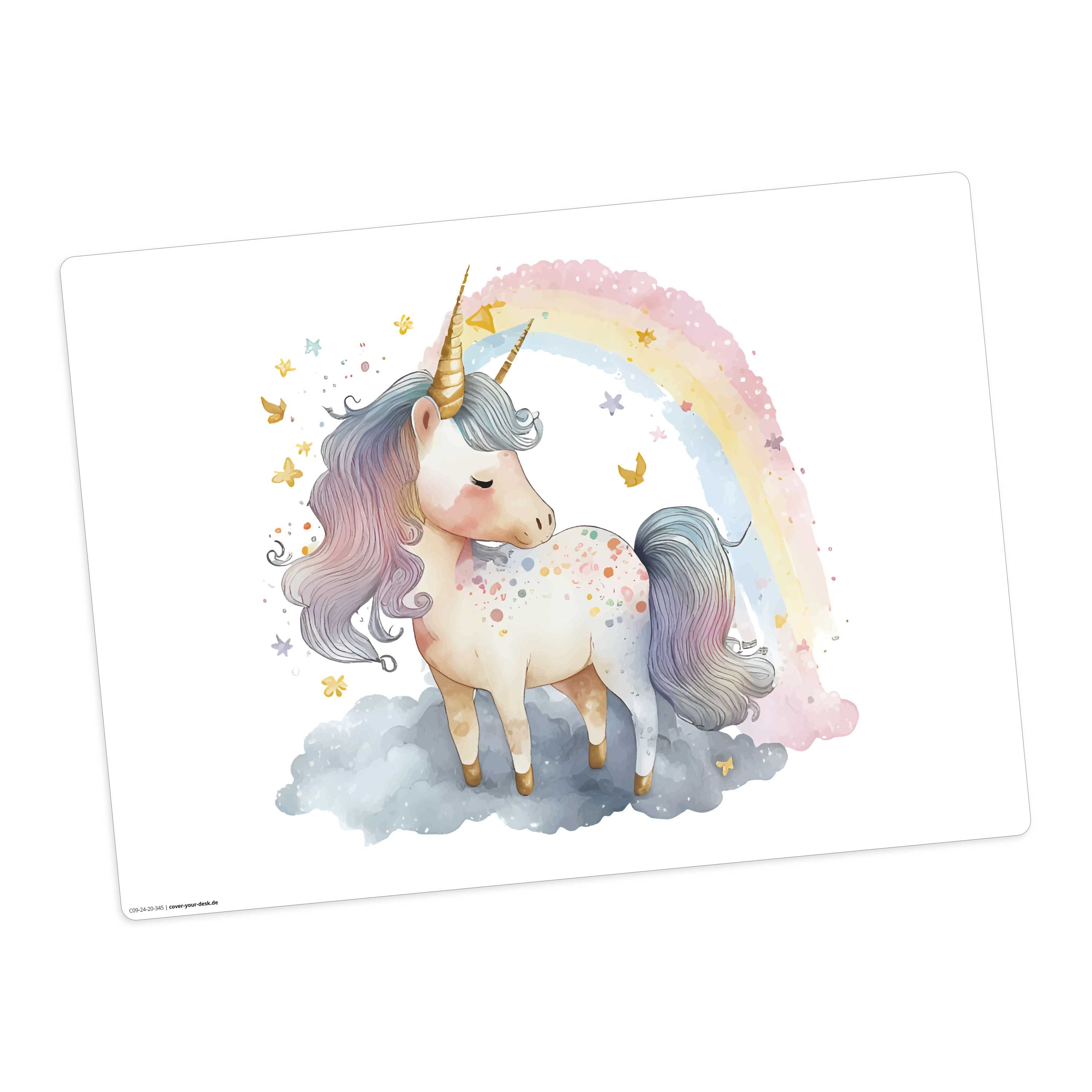 Tischsetmacher Platzset abwaschbar - für Kinder - Regenbogen Einhorn Aquarell, (aus erstklassigem Vinyl (Kunststoff - BPA - frei), 1-St., 44 x 32 cm - rutschfeste Tischdekoration), Made in Germany