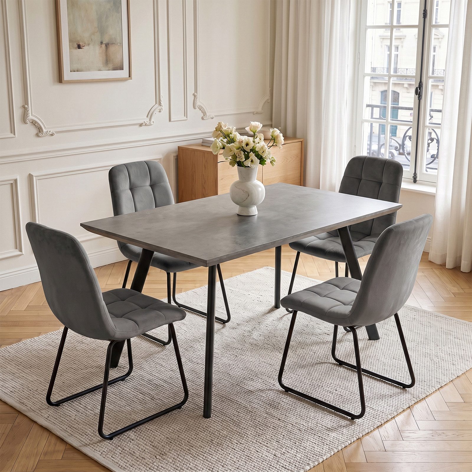 Jiexi Essgruppe Essgruppe fest 120x73 MDF Grau Tisch Set mit Flanell Stühlen