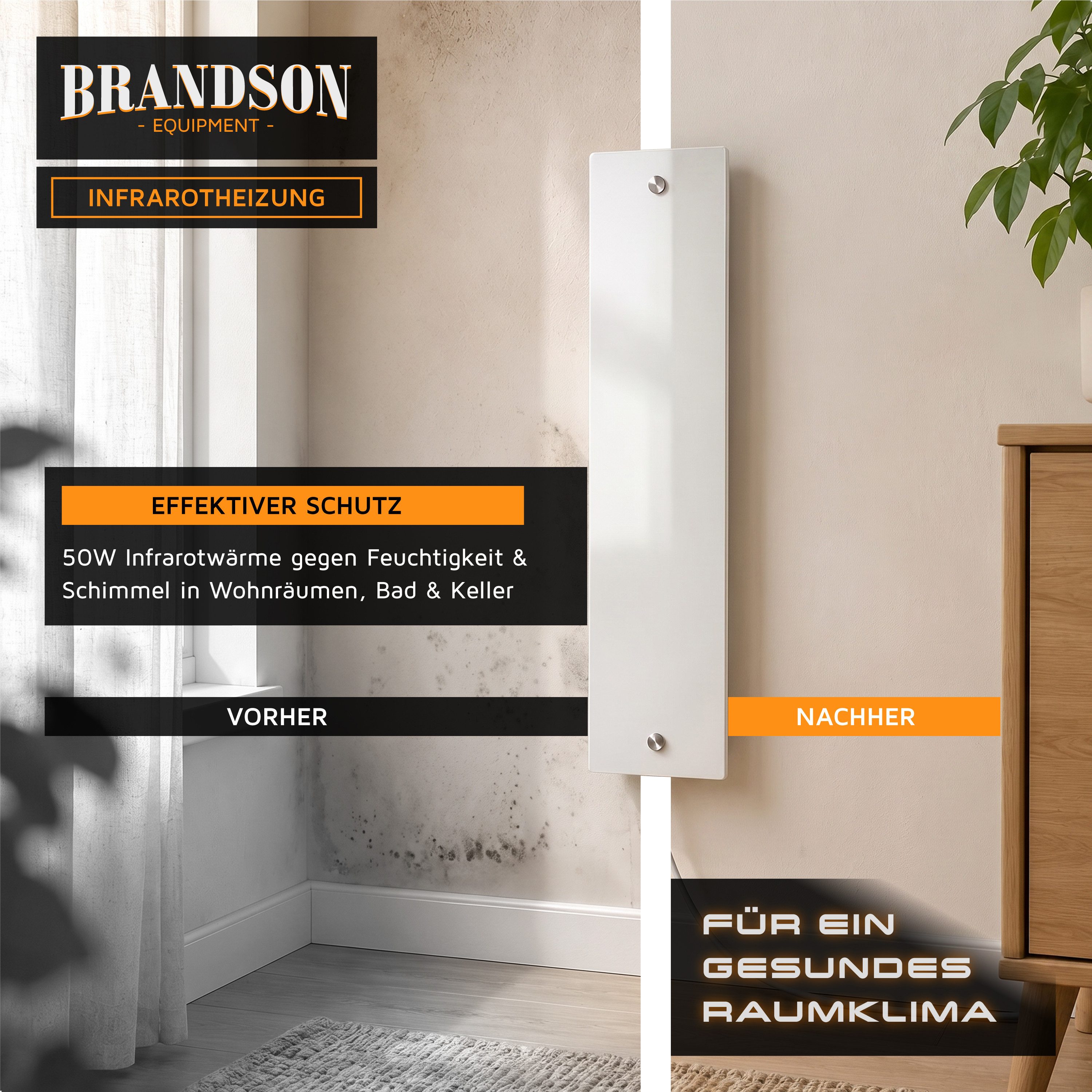 Brandson Infrarotheizung Anti-Schimmel-Heizung, Infrarot Glaspanel 50 W, Wand- & Standmontage, Schimmelentferner geräuschlos, Schimmelschock IP44, Überhitzungsschutz