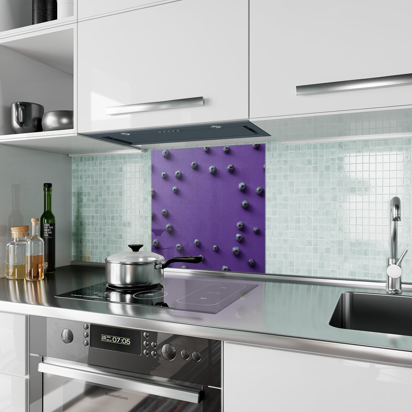 Primedeco Spritzschutz Küchenrückwand Motiv mit Glas Heidelbeeren verteilt Küchenrückwand