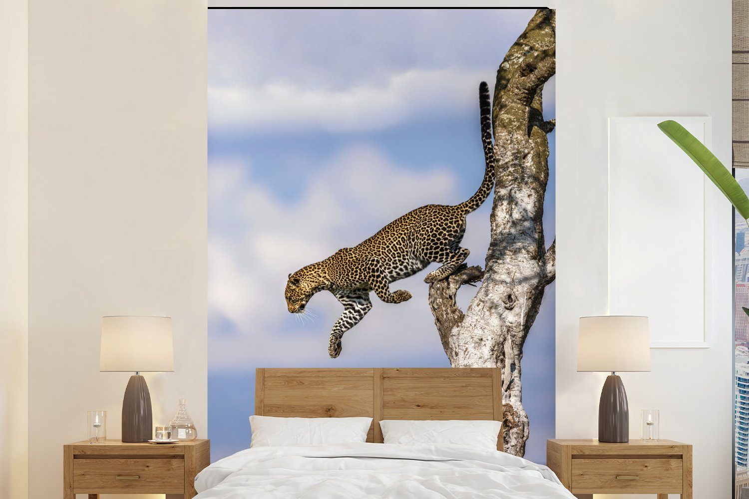 MuchoWow Fototapete Leopard - Baum - Sprung, Matt, bedruckt, (3 St), Montagefertig Vinyl Tapete für Wohnzimmer, Wandtapete
