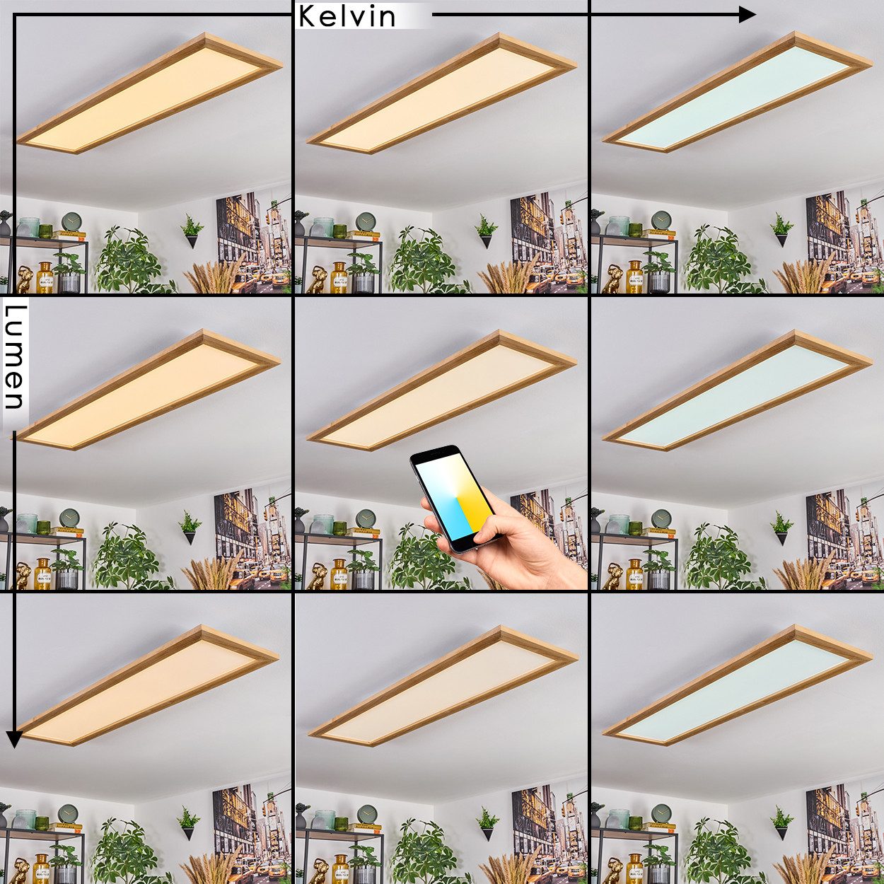 hofstein Panel dimmbare Deckenleuchte aus Metall/Holz/Kunststoff in Weiß/Natur, LED wechselbar, Deckenleuchte Smart Home/App fähig, 2700-6500 Kelvin, CCT einste – Bild 2 von 5
