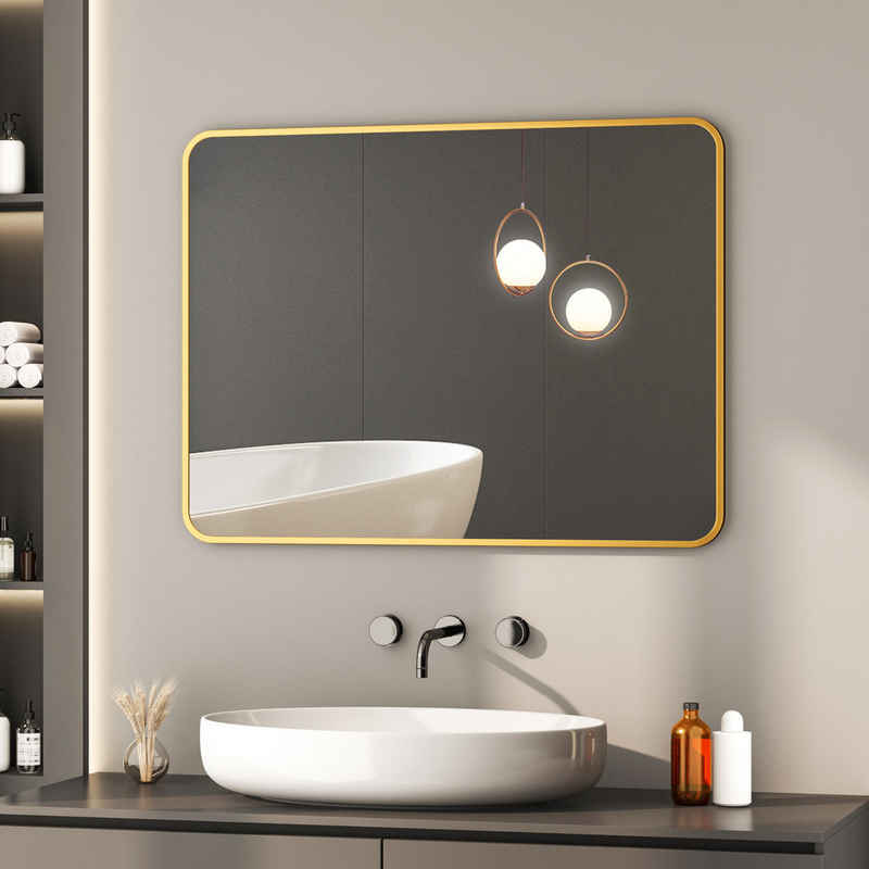 WDWRITTI Badspiegel mit Metall Alu Rahmen Spiegel Bad Wandspiegel Gold 80x60 70x50 60x40 (Rechteckig, 5mm HD Spiegel, hochauflösend, Explosionsgeschutz), Vertikal und Horizontal möglich
