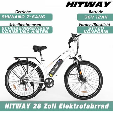 HITWAY E-Bike 28", 250 Heckmotor, MTB 36V12AH abnehmbarer Akku, Doppelscheibenbremse, Shimano 7G
