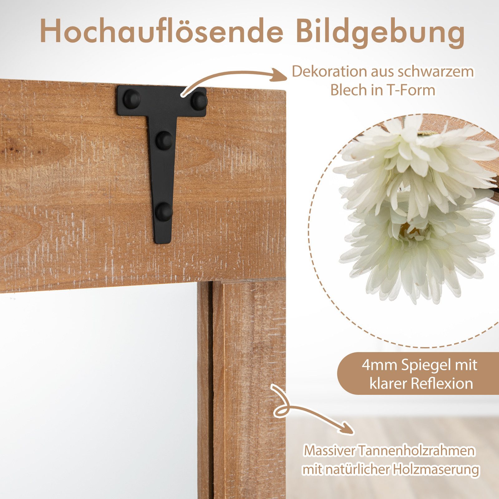 COSTWAY Dekospiegel, Bauernhaus, rustikaler Hängespiegel mit Holzrahmen