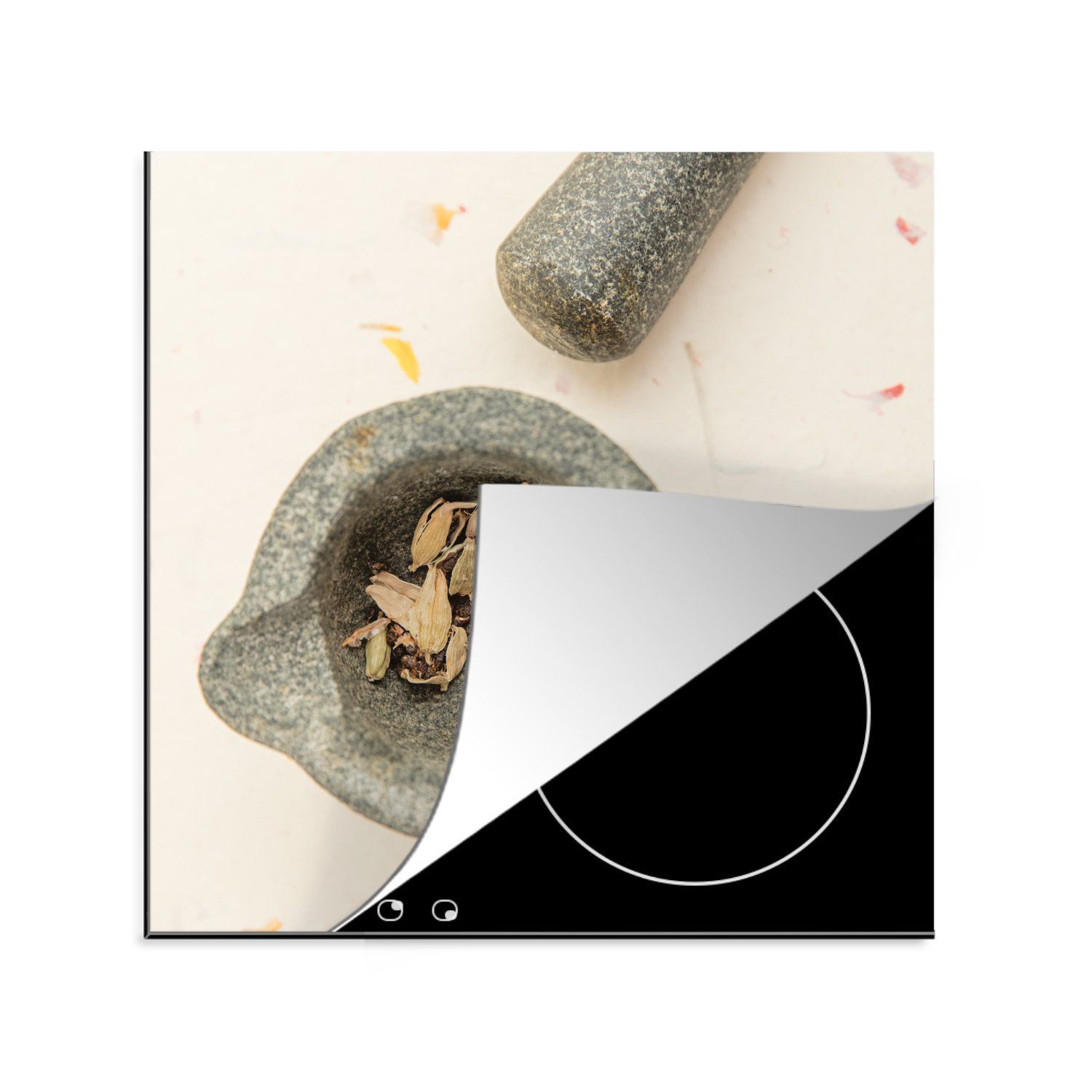 MuchoWow Herdblende-/Abdeckplatte In einem Mörser fein zerstoßene Kräuter, Vinyl, (1 tlg), 78x78 cm, Ceranfeldabdeckung, Arbeitsplatte für küche