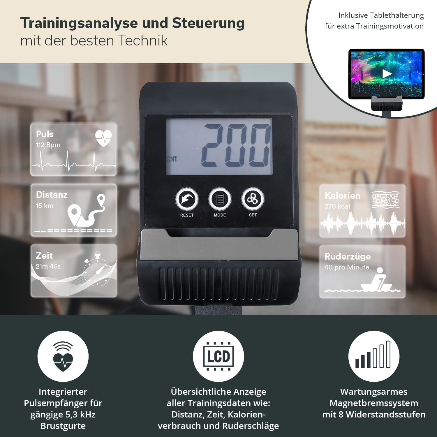 Ruderergometer, Venn mit Multifunktionscomputer, Tablet-Halterung Rudergerät Skandika (grau)