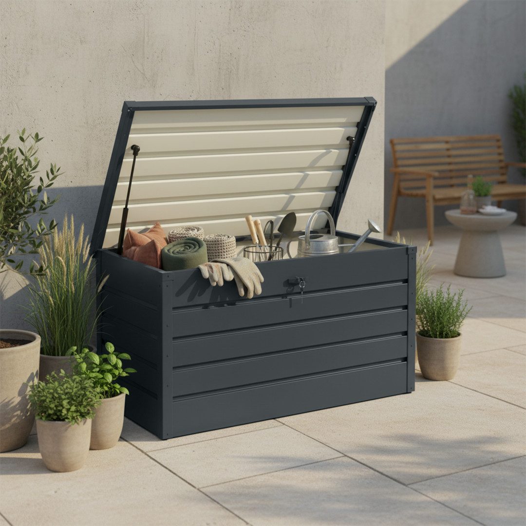 STEELSØN Auflagenbox Dorado aus Metall (Anthrazit, 350 Liter), abschließbare Gartenbox, verzinkt und lackiert, wasserdicht