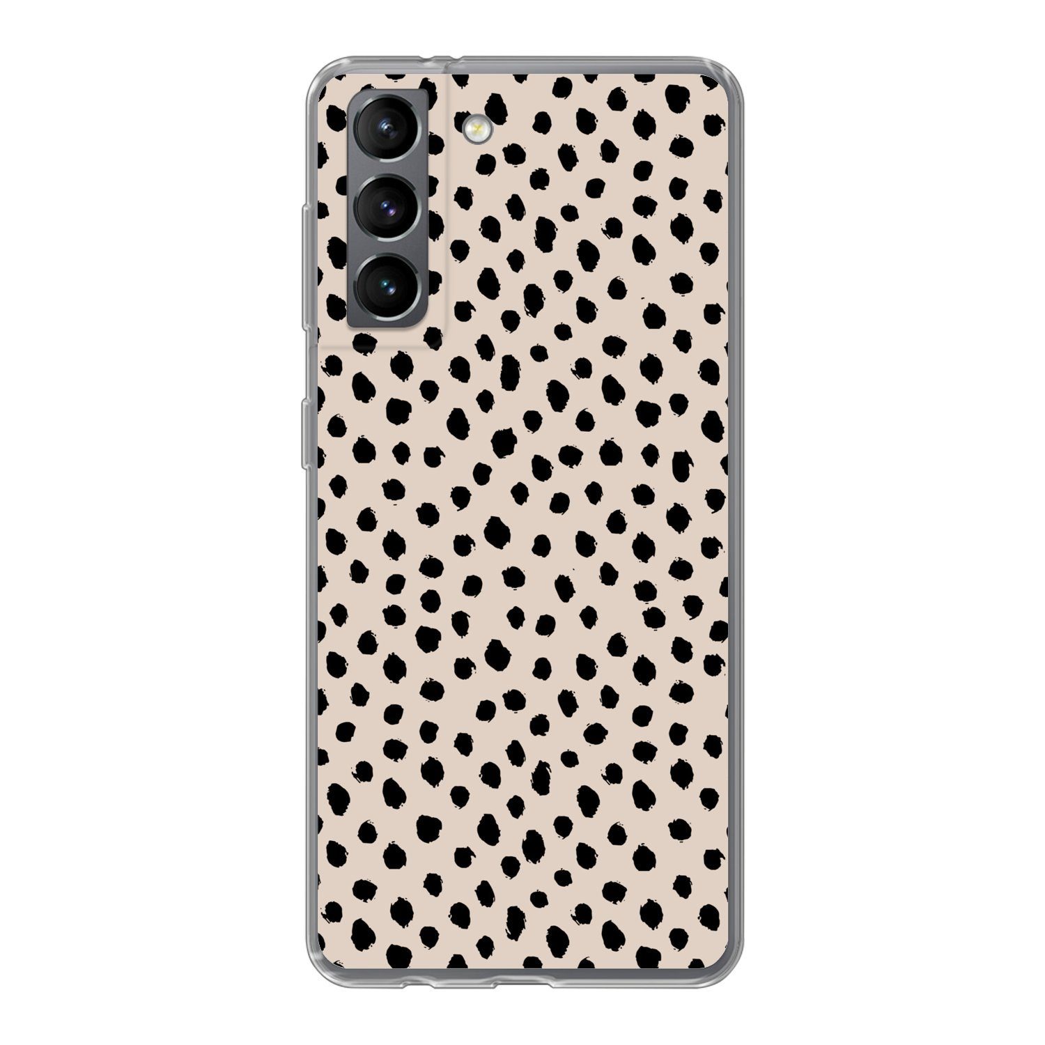 MuchoWow Handyhülle für Samsung Galaxy S21 Polka dots - Schwarz - Beige, Phone Case, Silikon, Schutzhülle Dünn