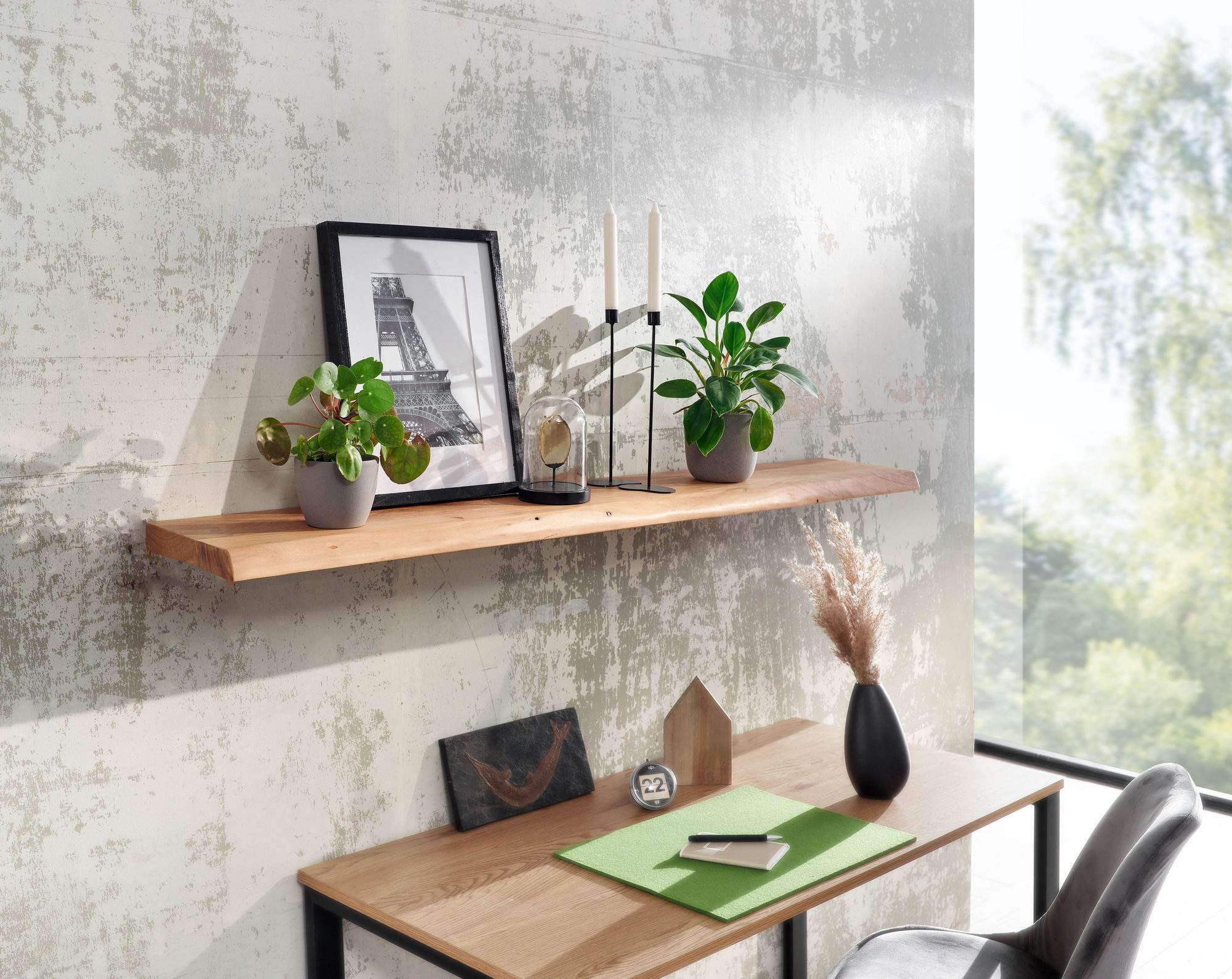 Wohnling Wandregal WL6.516 Baumkante Akazie Holz Design Schweberegal 140 cm Regal Massi, mit Baumkante Akazie Massivholz 140 cm hängend, Hängeregal schwebend, Schweberegal Wand Wohnzimmer