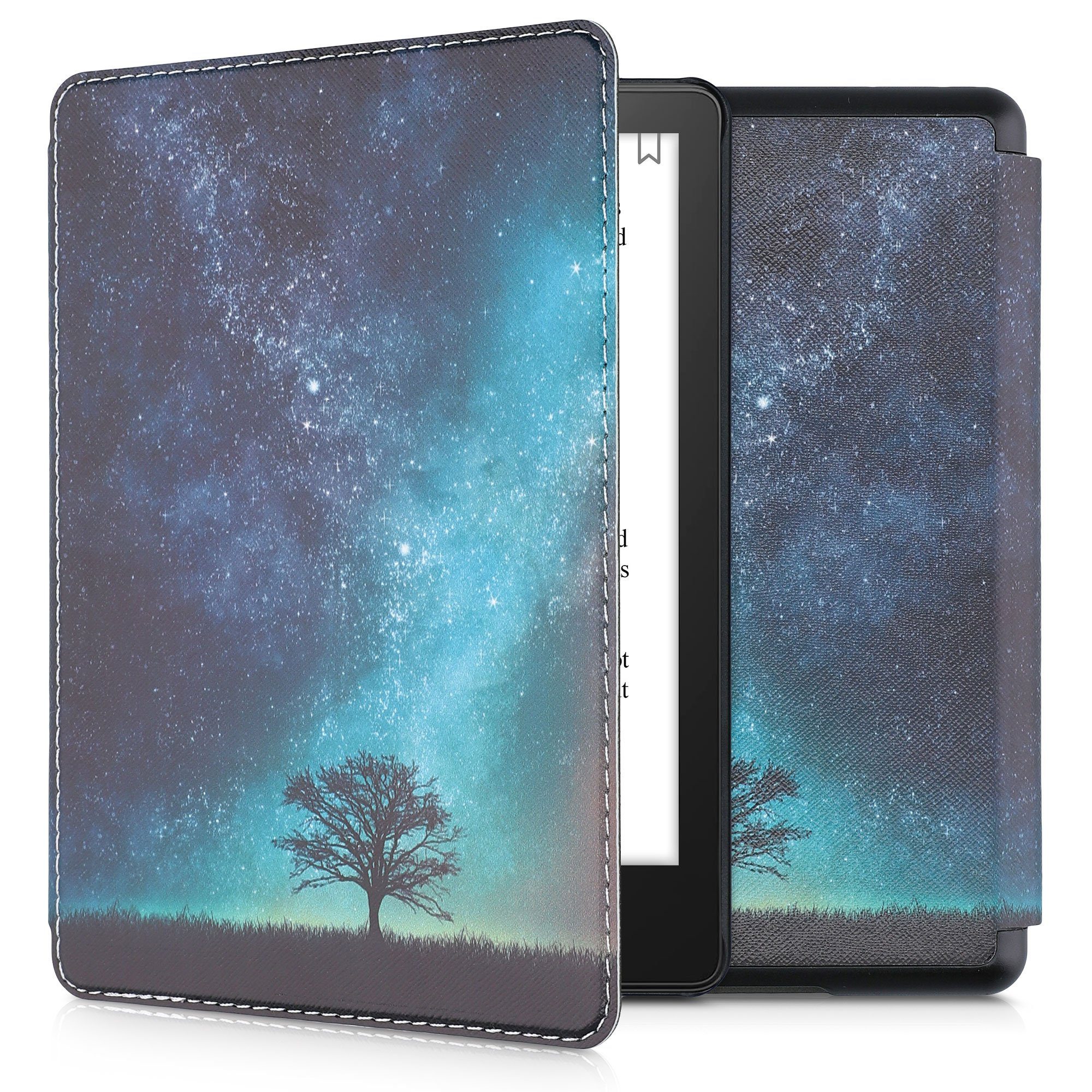 kwmobile E-Reader-Hülle Klapphülle für Amazon Kindle Paperwhite 11. Generation Hülle, eReader Case Galaxie Baum Wiese Design Blau Grau Schwarz