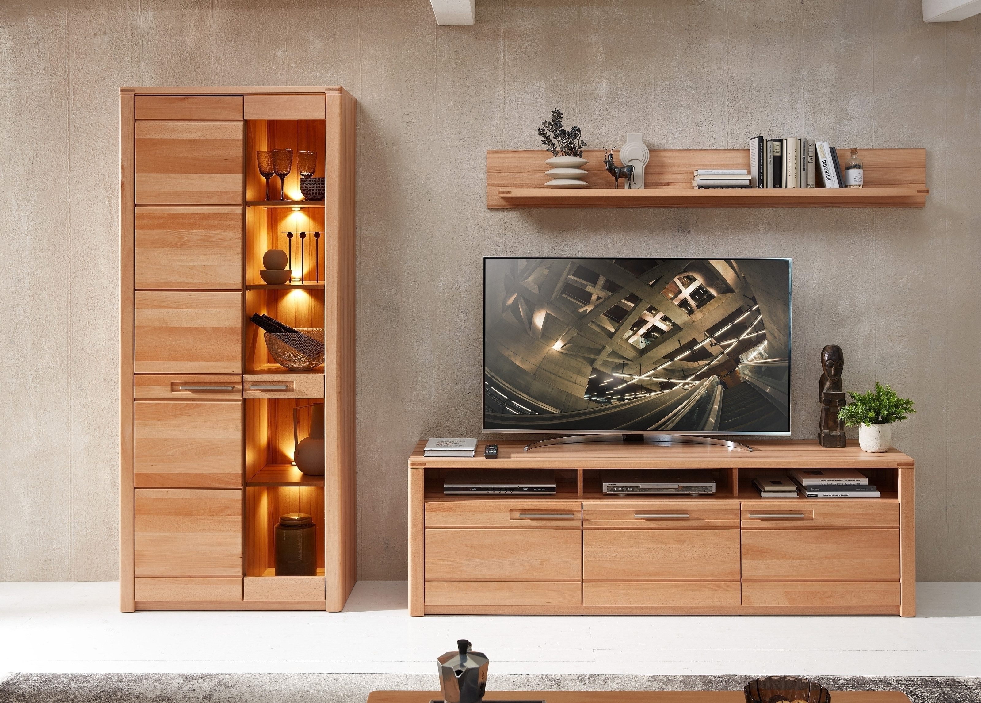 freiraum Wohnwand Nature One, 3-teilig, mit LED, FSC, in Kernbuche teimassiv - 310x203x45cm (B/H/T)